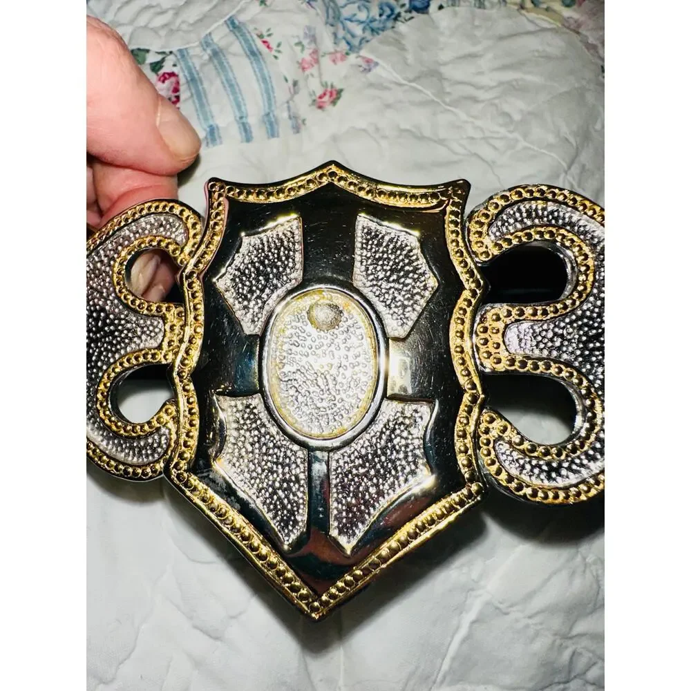 VINTAGE ALEXIS KIRK DESIGNER ALLIGATOR GOLD SILVER BUCKLE ADJUSTABLE SIZE BELT